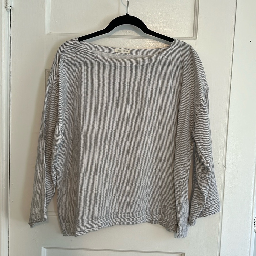 Eileen Fisher Cotton Boatneck Striped Top. M